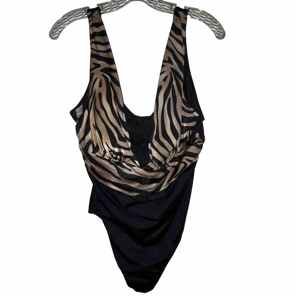 Zebra Print One Piece Swimsuit Plunge Neckline Black Size Unknown